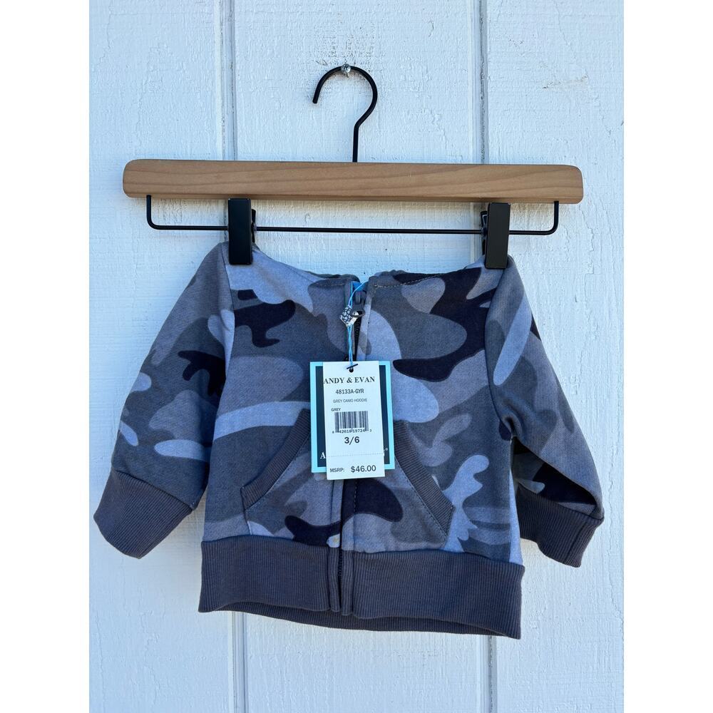 NWT Andy & Evan Gray Camo Zip‎ Up Hoodie Sweatshirt, Sz 3-6 Mos